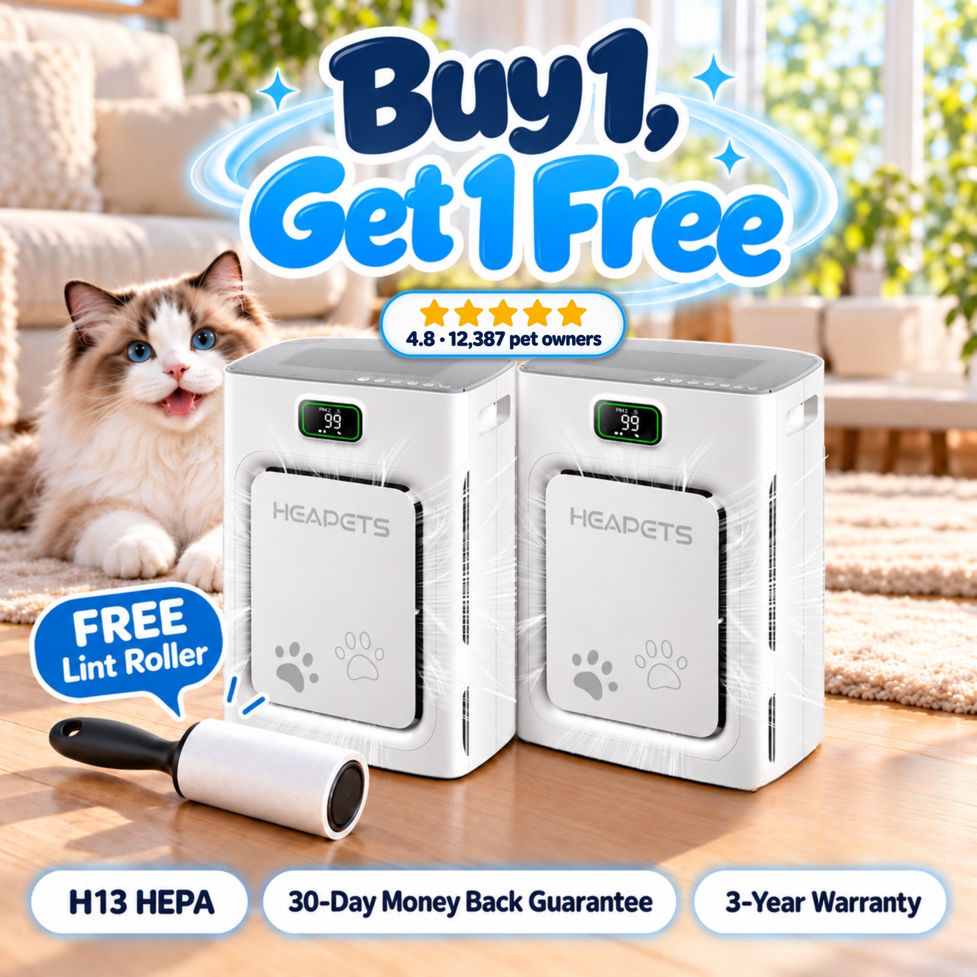 Buy 1, Get 1 Free: two PurePaws air purifiers plus a free lint roller